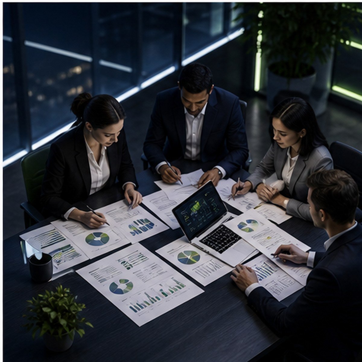 Finance team assembled around reports and dashboards